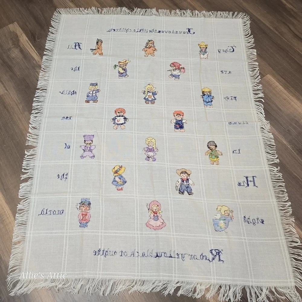 Vintage Childrens Blanket Cross Stitch Boys Girls Jesus Religious Nursery 52x39